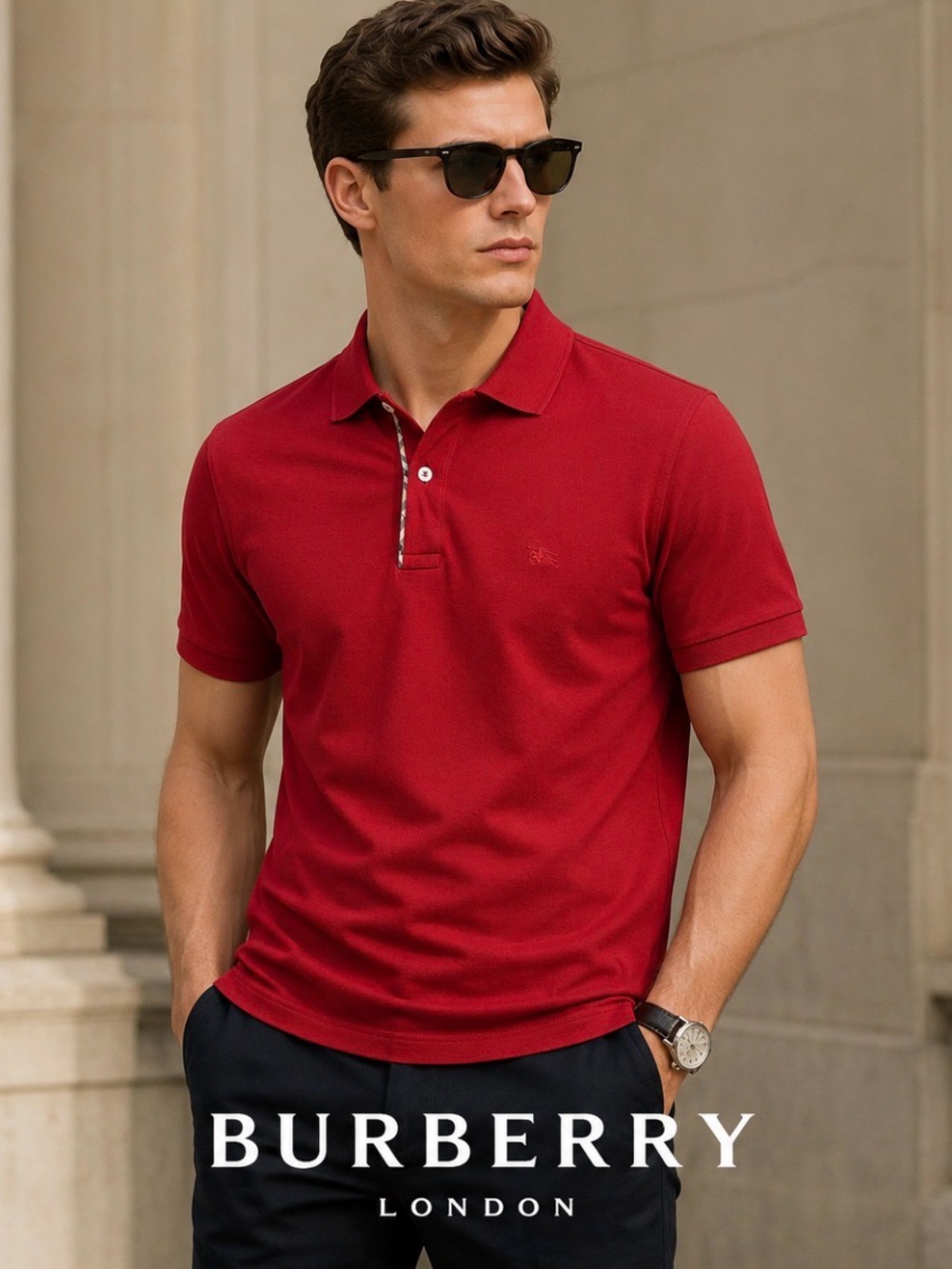 Burberry Men's Red Polo with Contrast Placket